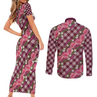Polynesian Monstera Tiare Floral Couples Matching Short Sleeve Bodycon Dress and Long Sleeve Button Shirt Fuchsia Tropical Plaid LT01 - Polynesian Pride