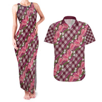 Polynesian Monstera Tiare Floral Couples Matching Tank Maxi Dress and Hawaiian Shirt Fuchsia Tropical Plaid LT01 Pink - Polynesian Pride