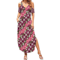 Polynesian Monstera Tiare Floral Family Matching Summer Maxi Dress and Hawaiian Shirt Fuchsia Tropical Plaid LT01 Mom's Dress Pink - Polynesian Pride