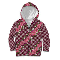 Polynesian Monstera Tiare Floral Kid Hoodie Fuchsia Tropical Plaid - Polynesian Pride