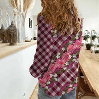 Polynesian Monstera Tiare Floral Women Casual Shirt Fuchsia Tropical Plaid LT01 - Polynesian Pride