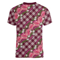 Polynesian Monstera Tiare Floral Women V-Neck T-Shirt Fuchsia Tropical Plaid LT01 - Polynesian Pride