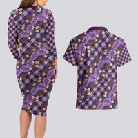 Polynesian Monstera Tiare Floral Couples Matching Long Sleeve Bodycon Dress and Hawaiian Shirt Lavender Tropical Plaid LT01 - Polynesian Pride