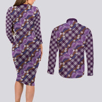 Polynesian Monstera Tiare Floral Couples Matching Long Sleeve Bodycon Dress and Long Sleeve Button Shirt Lavender Tropical Plaid LT01 - Polynesian Pride