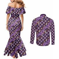 Polynesian Monstera Tiare Floral Couples Matching Mermaid Dress and Long Sleeve Button Shirt Lavender Tropical Plaid LT01 - Polynesian Pride
