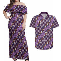 Polynesian Monstera Tiare Floral Couples Matching Off Shoulder Maxi Dress and Hawaiian Shirt Lavender Tropical Plaid LT01 Purple - Polynesian Pride