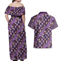Polynesian Monstera Tiare Floral Couples Matching Off Shoulder Maxi Dress and Hawaiian Shirt Lavender Tropical Plaid LT01 - Polynesian Pride