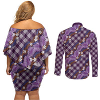 Polynesian Monstera Tiare Floral Couples Matching Off Shoulder Short Dress and Long Sleeve Button Shirt Lavender Tropical Plaid LT01 - Polynesian Pride
