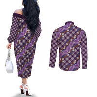 Polynesian Monstera Tiare Floral Couples Matching Off The Shoulder Long Sleeve Dress and Long Sleeve Button Shirt Lavender Tropical Plaid LT01 - Polynesian Pride