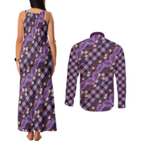 Polynesian Monstera Tiare Floral Couples Matching Tank Maxi Dress and Long Sleeve Button Shirt Lavender Tropical Plaid LT01 - Polynesian Pride