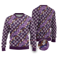 Polynesian Monstera Tiare Floral Ugly Christmas Sweater Lavender Tropical Plaid - Polynesian Pride