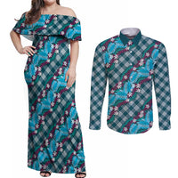 Polynesian Monstera Tiare Floral Couples Matching Off Shoulder Maxi Dress and Long Sleeve Button Shirt Dark Teal Tropical Plaid LT01 Teal - Polynesian Pride