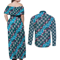 Polynesian Monstera Tiare Floral Couples Matching Off Shoulder Maxi Dress and Long Sleeve Button Shirt Dark Teal Tropical Plaid LT01 - Polynesian Pride