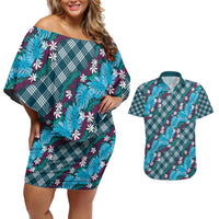 Polynesian Monstera Tiare Floral Couples Matching Off Shoulder Short Dress and Hawaiian Shirt Dark Teal Tropical Plaid LT01 Teal - Polynesian Pride