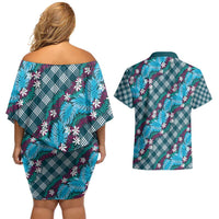 Polynesian Monstera Tiare Floral Couples Matching Off Shoulder Short Dress and Hawaiian Shirt Dark Teal Tropical Plaid LT01 - Polynesian Pride