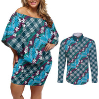 Polynesian Monstera Tiare Floral Couples Matching Off Shoulder Short Dress and Long Sleeve Button Shirt Dark Teal Tropical Plaid LT01 Teal - Polynesian Pride