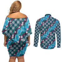 Polynesian Monstera Tiare Floral Couples Matching Off Shoulder Short Dress and Long Sleeve Button Shirt Dark Teal Tropical Plaid LT01 - Polynesian Pride
