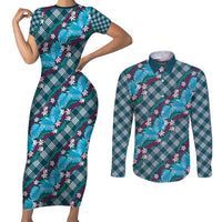 Polynesian Monstera Tiare Floral Couples Matching Short Sleeve Bodycon Dress and Long Sleeve Button Shirt Dark Teal Tropical Plaid LT01 Teal - Polynesian Pride