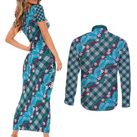 Polynesian Monstera Tiare Floral Couples Matching Short Sleeve Bodycon Dress and Long Sleeve Button Shirt Dark Teal Tropical Plaid LT01 - Polynesian Pride