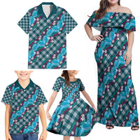 Polynesian Monstera Tiare Floral Family Matching Off Shoulder Maxi Dress and Hawaiian Shirt Dark Teal Tropical Plaid LT01 - Polynesian Pride