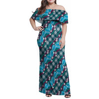 Polynesian Monstera Tiare Floral Family Matching Off Shoulder Maxi Dress and Hawaiian Shirt Dark Teal Tropical Plaid LT01 Mom's Dress Teal - Polynesian Pride