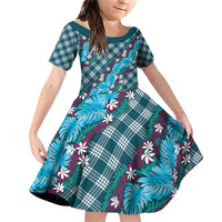 Polynesian Monstera Tiare Floral Family Matching Off Shoulder Short Dress and Hawaiian Shirt Dark Teal Tropical Plaid LT01 Daughter's Dress Teal - Polynesian Pride