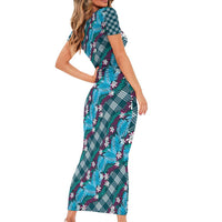 Polynesian Monstera Tiare Floral Family Matching Short Sleeve Bodycon Dress and Hawaiian Shirt Dark Teal Tropical Plaid LT01 - Polynesian Pride