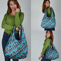 Polynesian Monstera Tiare Floral Grocery Bag Dark Teal Tropical Plaid - Polynesian Pride