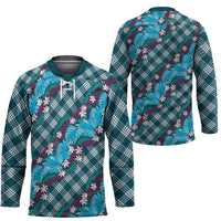 Polynesian Monstera Tiare Floral Hockey Jersey Dark Teal Tropical Plaid - Polynesian Pride