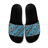 Polynesian Monstera Tiare Floral Slide Sandals Dark Teal Tropical Plaid - Polynesian Pride