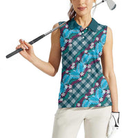 Polynesian Monstera Tiare Floral Women Sleeveless Polo Shirt Dark Teal Tropical Plaid LT01 - Polynesian Pride