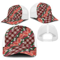Polynesian Monstera Tiare Floral Baseball Net Cap Burgundy Tropical Plaid - Polynesian Pride