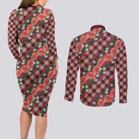 Polynesian Monstera Tiare Floral Couples Matching Long Sleeve Bodycon Dress and Long Sleeve Button Shirt Burgundy Tropical Plaid LT01 - Polynesian Pride