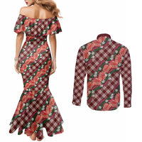 Polynesian Monstera Tiare Floral Couples Matching Mermaid Dress and Long Sleeve Button Shirt Burgundy Tropical Plaid LT01 - Polynesian Pride