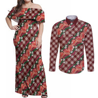 Polynesian Monstera Tiare Floral Couples Matching Off Shoulder Maxi Dress and Long Sleeve Button Shirt Burgundy Tropical Plaid LT01 Red - Polynesian Pride