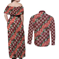Polynesian Monstera Tiare Floral Couples Matching Off Shoulder Maxi Dress and Long Sleeve Button Shirt Burgundy Tropical Plaid LT01 - Polynesian Pride