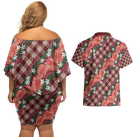 Polynesian Monstera Tiare Floral Couples Matching Off Shoulder Short Dress and Hawaiian Shirt Burgundy Tropical Plaid LT01 - Polynesian Pride