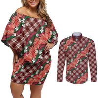 Polynesian Monstera Tiare Floral Couples Matching Off Shoulder Short Dress and Long Sleeve Button Shirt Burgundy Tropical Plaid LT01 Red - Polynesian Pride