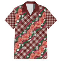 Polynesian Monstera Tiare Floral Family Matching Off Shoulder Short Dress and Hawaiian Shirt Burgundy Tropical Plaid LT01 Dad's Shirt - Short Sleeve Red - Polynesian Pride