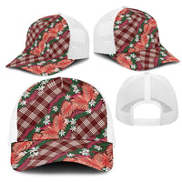 Polynesian Monstera Tiare Floral Mesh Trucker Cap Burgundy Tropical Plaid - Polynesian Pride