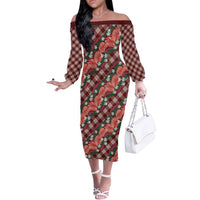 Polynesian Monstera Tiare Floral Off The Shoulder Long Sleeve Dress Burgundy Tropical Plaid LT01 Women Red - Polynesian Pride