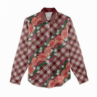 Polynesian Monstera Tiare Floral Women Casual Shirt Burgundy Tropical Plaid LT01 - Polynesian Pride