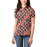 Polynesian Monstera Tiare Floral Women Polo Shirt Burgundy Tropical Plaid LT01 - Polynesian Pride