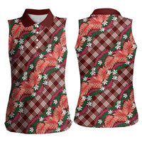 Polynesian Monstera Tiare Floral Women Sleeveless Polo Shirt Burgundy Tropical Plaid LT01 - Polynesian Pride