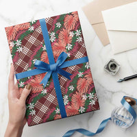 Polynesian Monstera Tiare Floral Wrapping Paper Burgundy Tropical Plaid - Polynesian Pride