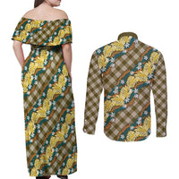 Polynesian Monstera Tiare Floral Couples Matching Off Shoulder Maxi Dress and Long Sleeve Button Shirt Yellow Tropical Plaid LT01 - Polynesian Pride