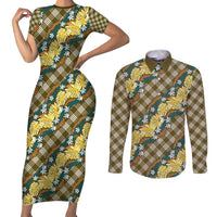Polynesian Monstera Tiare Floral Couples Matching Short Sleeve Bodycon Dress and Long Sleeve Button Shirt Yellow Tropical Plaid LT01 Yellow - Polynesian Pride