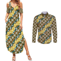 Polynesian Monstera Tiare Floral Couples Matching Summer Maxi Dress and Long Sleeve Button Shirt Yellow Tropical Plaid LT01 Yellow - Polynesian Pride