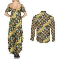Polynesian Monstera Tiare Floral Couples Matching Summer Maxi Dress and Long Sleeve Button Shirt Yellow Tropical Plaid LT01 - Polynesian Pride