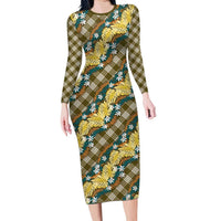 Polynesian Monstera Tiare Floral Family Matching Long Sleeve Bodycon Dress and Hawaiian Shirt Yellow Tropical Plaid LT01 Mom's Dress Yellow - Polynesian Pride